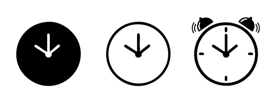 Alarm clock and timer icon set with down arrow symbol, isolated on white background.