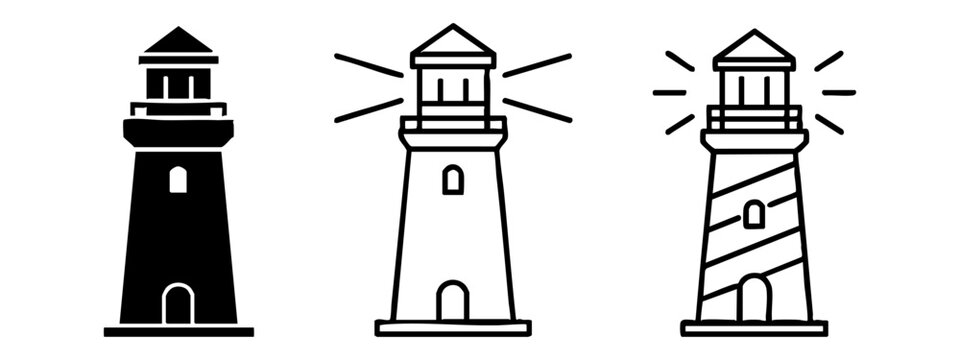 Three lighthouse icons in different styles, navigation and coastal vector illustration.