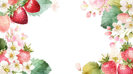 Obraz premium Watercolor Strawberry and Blossom Floral Corner Frame with Soft Spring Background