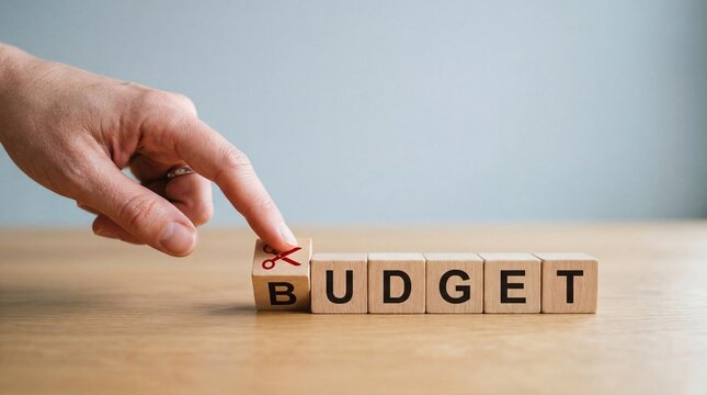 A hand touches a wooden block with a scissor icon next to the word budget representing financial cuts cost reduction economic planning and fiscal management in a clear professional business setting