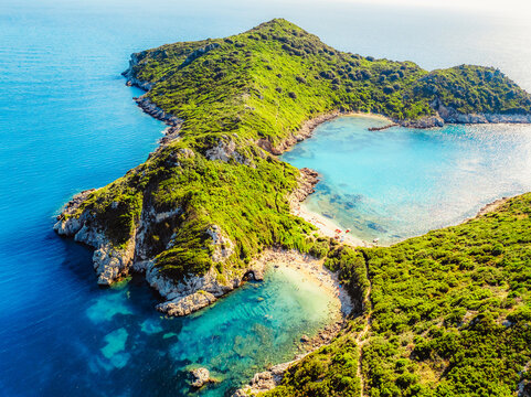 Porto Timoni bay with twin beaches and turquoise waters  and sand beach on Corfu in Greece in Afionas region