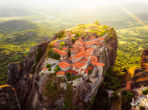 The monastery Meteora, aerial rocky monasteries complex in Greece near Kalabaka city. Holy Monastery of the Great Meteoron and Varlaam