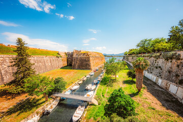 Fototapeta premium Corfu, Greece. Panoramic view on historic buildings and Old Town as seen from old Venetian fortress in cofru city