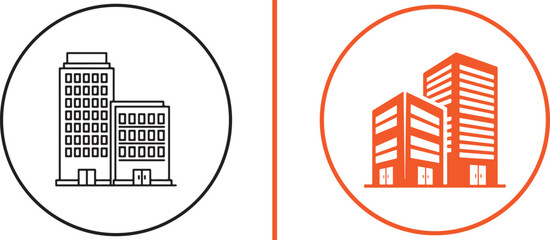 Obraz premium Two circular building icons separated by a line. The left shows thin black outlines of office towers, while the right features bold, orange isometric skyscrapers in a solid silhouette.