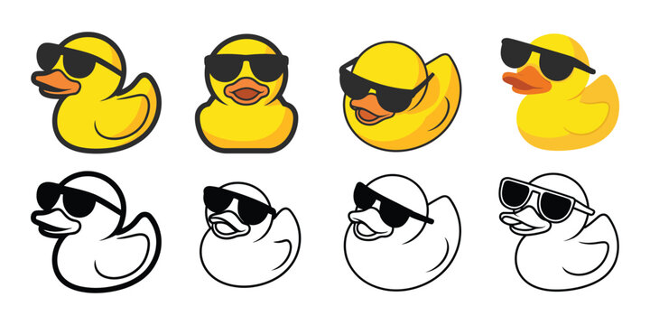 Duck vector icon logo with rubber duck character wearing sunglasses, cartoon bird illustration, cute farm animal doodle style symbol for branding, mascot design, and playful graphic projects