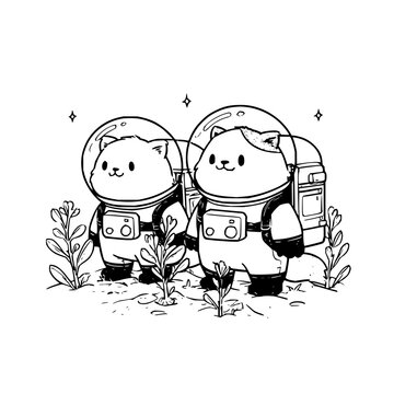 Two cute cartoon cats wearing astronaut space suits exploring an alien planet surface with small plants and glowing stars in a whimsical black and white line art illustration