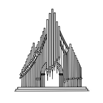 Minimalist line art vector illustration of a classic pipe organ featuring symmetrical vertical pipes and arched base design isolated on a clean white background for print
