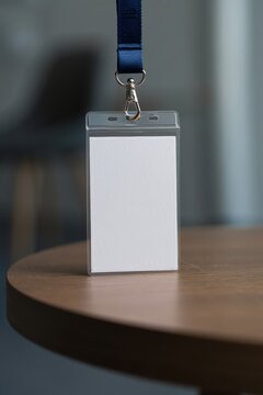 Blank conference badge in clear holder hanging from blue lanyard on wood table