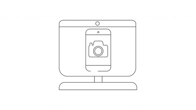 Computer Screen with Camera App Icon Line Art Animation.