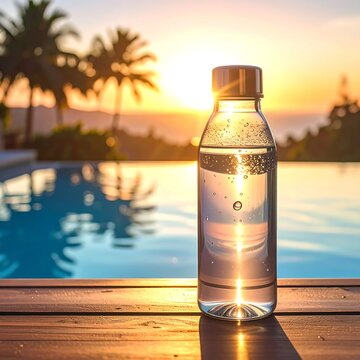 A serene scene of a clear bottle on a wooden surface by a pool at sunset