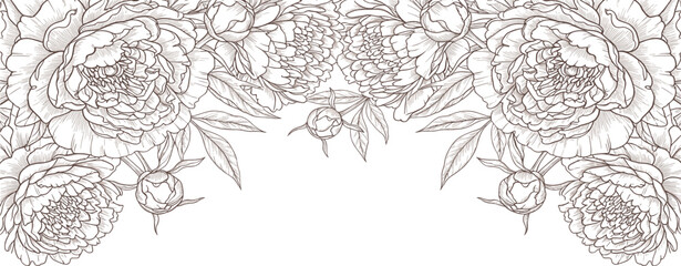 Fototapeta premium Graceful blossoming peonies adorn this delicate line art border, intertwining nature's beauty with sophisticated decorative artistry for refined designs