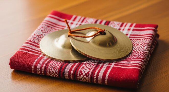 Two traditional brass finger cymbals rest upon a vibrant red and white woven cloth