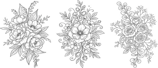 Fototapeta premium Elegant floral arrangements in delicate line art style, showcasing blooming flowers and foliage with intricate details, perfect for decorative and artistic applications