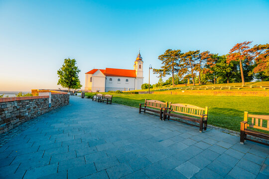 Tihany in Hungary. Benedictine Monastery of Tihany Abbey with Lake Balaton.