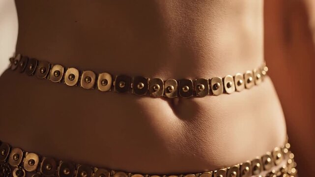 Close-up of a woman's belly with a golden belly chain, belly dancing costume detail
