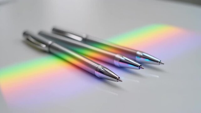 Three silver pens with rainbow light on a white table