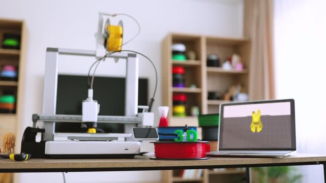 A 3D printer is actively creating a yellow object while a laptop displays the 3D model and filament spools are nearby