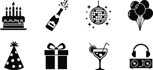 Fototapeta premium Set of 8 minimalist party and celebration icons featuring birthday cake, champagne, disco ball, balloons, party hat, gift box, cocktail, and DJ equipment for event planning and nightlife design