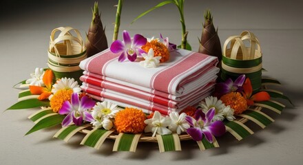 Naklejka premium A beautifully arranged thai spa setup with orchids towels and traditional containers