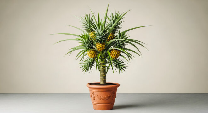 unique little pineapple tree with several small pineapples on its branches, in a terracotta pot