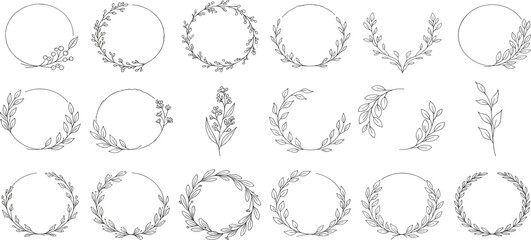 Obraz premium Elegant hand-drawn floral wreaths and botanical elements for decorative design, perfect for invitations and branding