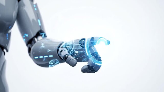 Robot arm with glowing blue circuits.
