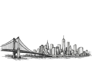 Obraz premium Minimalist Urban Skyline Line Art Set with Cityscape, Road, River and Mountain Elements Isolated on White Background