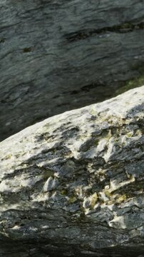 Large rock sits in a natural area with cracks and textures visible. Light reflects on the surface. Surrounding landscape features green elements and calm water nearby.