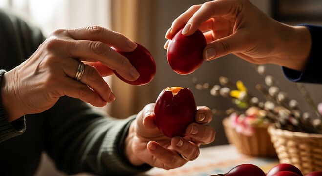 Traditional Greek Orthodox Easter Red Egg Cracking Custom with Family
