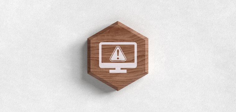 Warnung Fehlermeldung am Monitor Computer Icon Holz Hexagon Header Hintergrund