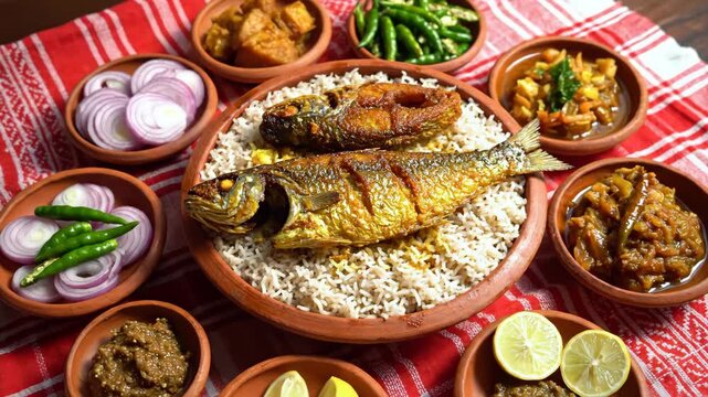 Delicious bengali pohela boishakh feast featuring fried hilsha fish and traditional side dishes, shot from above.