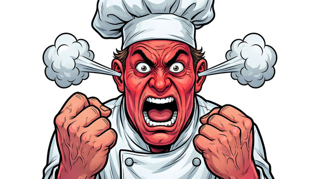Angry chef with clenched fists expression.