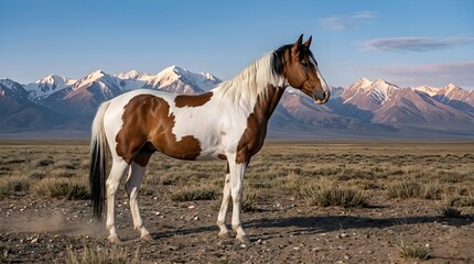 Obraz premium Paint Horse Standing in Mountain Valley at Sunset, Realistic Landscape