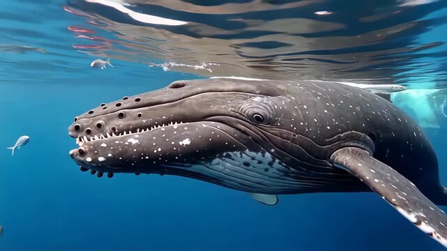 Close-up of a humpback whale swimming underwater with visible skin texture and water surface reflection.