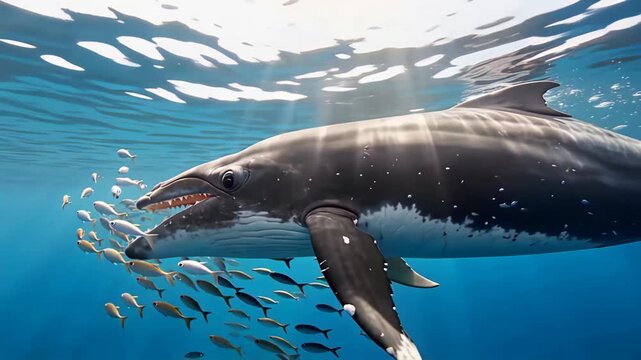 Underwater scene of a humpback whale swimming with a school of small fish in clear blue ocean water.