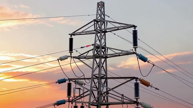 Electric power transmission tower with sunset sky background.