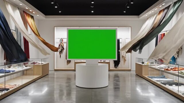 Modern retail store interior with large digital display and clothing racks.