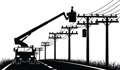 Silhouette of a utility worker in a bucket truck performing maintenance on high voltage power lines © ARSM D