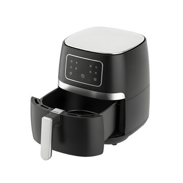 Black digital air fryer with pull out basket, modern kitchen appliance isolated on transparent background