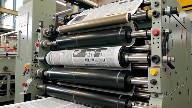 Close-up of industrial printing machine with paper rolls and mechanical components.