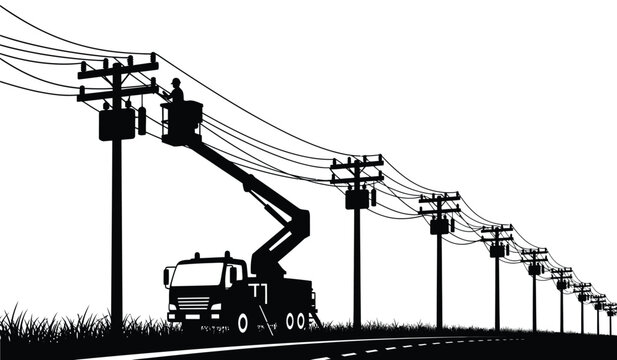 A silhouette of a utility worker in a bucket truck performing maintenance on power line poles