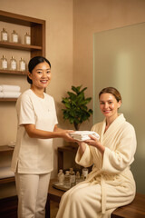 Spa therapist handing fresh towel to relaxed guest in serene treatment room