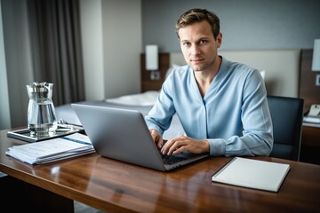 Fototapeta premium Business traveler typing on a laptop at a hotel desk while preparing for travel.