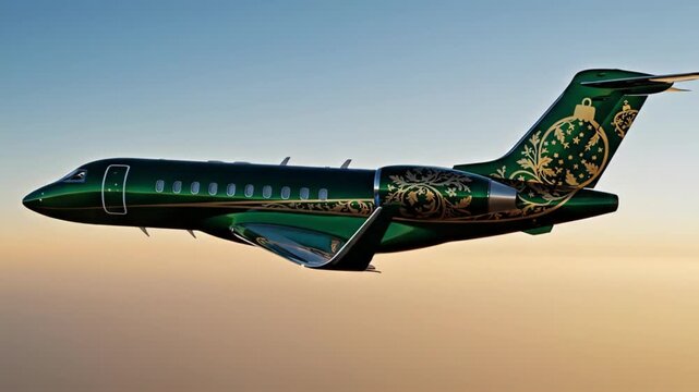 Luxury private jet flying during sunset with intricate green and gold design.