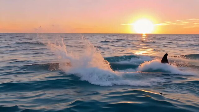 Orca whale breaching the ocean surface during a vibrant sunset.