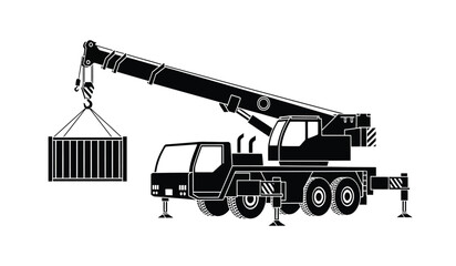 A heavy duty mobile construction crane lifting a large metal shipping container with its long boom © ARSM D