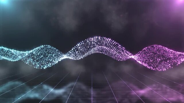 Abstract video footage of a glowing cyan and magenta particle wave flowing across a dark grid floor with smoke effects.