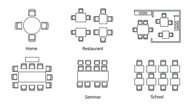 Various seating arrangements for different settings like home restaurant seminar and school, Generative AI.