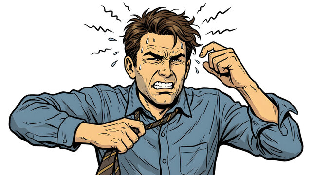 Angry man pulling his necktie aggressively.