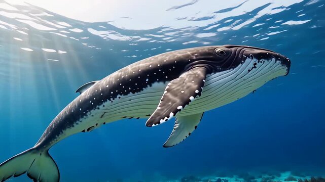 Close-up of a humpback whale swimming underwater in clear blue ocean.